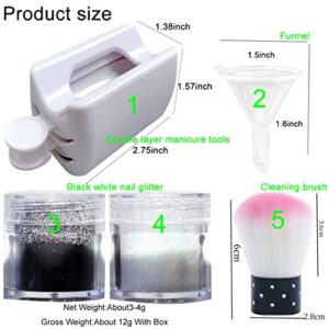 2 Boxes Holographic Nail Glitter Powder White Black Shining Sugar,1 Pieces Dip Powder Recycling Tray System Dip Case,1PCS Soft Nail Art Powder Brush Funnel,Nails Art Decoration DIY Crafts