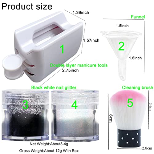 2 Boxes Holographic Nail Glitter Powder White Black Shining Sugar,1 Pieces Dip Powder Recycling Tray System Dip Case,1PCS Soft Nail Art Powder Brush Funnel,Nails Art Decoration DIY Crafts