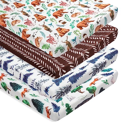 4 Pack N Play Sheets Woodland Forest Animals Wood Neutral Unisex Fitted Baby N Play Sheets Fitted for Standard Pack and Plays and Mini Cribs Set for Baby Boys or Girls