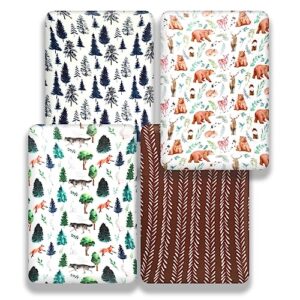 4 Pack N Play Sheets Woodland Forest Animals Wood Neutral Unisex Fitted Baby N Play Sheets Fitted for Standard Pack and Plays and Mini Cribs Set for Baby Boys or Girls