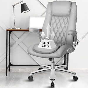 modoway o205 executive office chair grey, big and tall office chair heavy duty 400lbs, high back leather office chairs with flip-up arms and lumbar support, living room, gaming