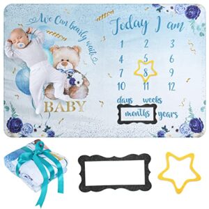 xaatren baby monthly milestone blanket bear with 2 milestone frame soft monthly baby growth chart blanket for newborn baby boy age blanket for 1-12 days weeks month years milestones, 40'' x 60''