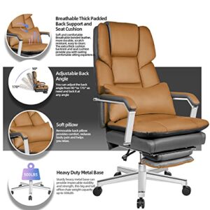 SeekFancy Reclining Office Chair with Footrest O203, Big and Tall Office Chair 500lbs Wide Seat with 170° Backrest, High Back Large Executive Office Chair Lumbar Support，Brown Leather Managerial Chair