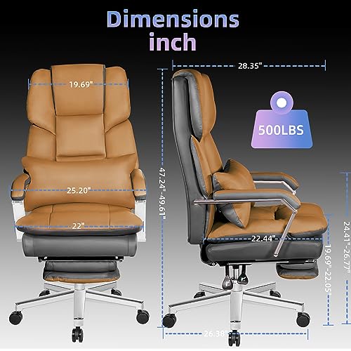 SeekFancy Reclining Office Chair with Footrest O203, Big and Tall Office Chair 500lbs Wide Seat with 170° Backrest, High Back Large Executive Office Chair Lumbar Support，Brown Leather Managerial Chair