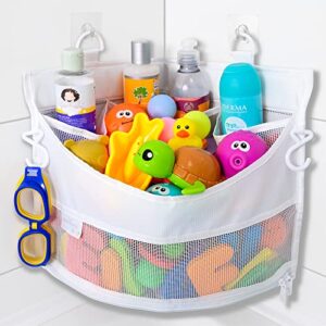 mesh bath toy holder organizer – the perfect corner bathtub toy storage & bathroom or shower caddy – this multi-use net bag makes baby bath toy storage easy – for kids & toddlers