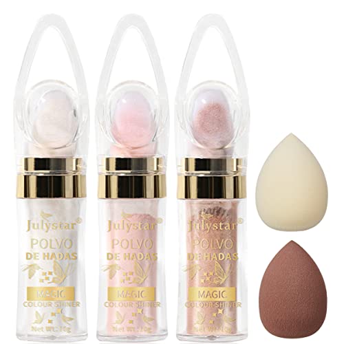 3 Colors Body Glitter, Polvo De Hadas Fairy Powder Highlight Patting Powder Highlighter Stick Highlighter Body Brightens Glitter High Gloss Fairy Glitter Sparkle Powder with Makeup Sponges