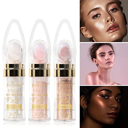 3 Colors Body Glitter, Polvo De Hadas Fairy Powder Highlight Patting Powder Highlighter Stick Highlighter Body Brightens Glitter High Gloss Fairy Glitter Sparkle Powder with Makeup Sponges