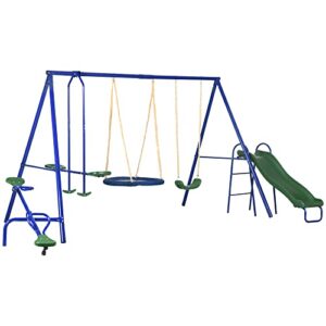 outsunny 5-in-1 kids swing set backyard playground set with saucer swing, outdoor slide, seesaw, metal swing set kids outdoor playset playground equipment blue