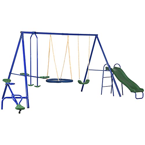 Outsunny 5-in-1 Kids Swing Set Backyard Playground Set with Saucer Swing, Outdoor Slide, Seesaw, Metal Swing Set Kids Outdoor Playset Playground Equipment Blue