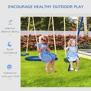 Outsunny 5-in-1 Kids Swing Set Backyard Playground Set with Saucer Swing, Outdoor Slide, Seesaw, Metal Swing Set Kids Outdoor Playset Playground Equipment Blue