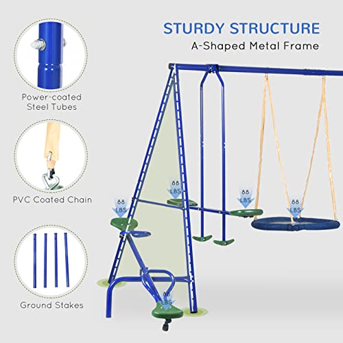 Outsunny 5-in-1 Kids Swing Set Backyard Playground Set with Saucer Swing, Outdoor Slide, Seesaw, Metal Swing Set Kids Outdoor Playset Playground Equipment Blue