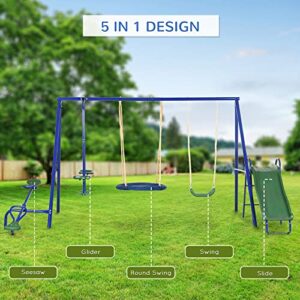 Outsunny 5-in-1 Kids Swing Set Backyard Playground Set with Saucer Swing, Outdoor Slide, Seesaw, Metal Swing Set Kids Outdoor Playset Playground Equipment Blue