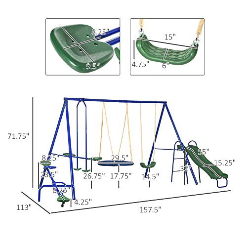 Outsunny 5-in-1 Kids Swing Set Backyard Playground Set with Saucer Swing, Outdoor Slide, Seesaw, Metal Swing Set Kids Outdoor Playset Playground Equipment Blue