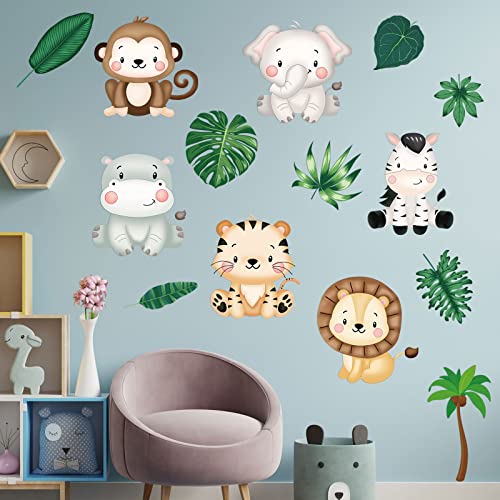 9 Sheets Baby Safari Animals Wall Stickers Jungle Animals Wall Decals Baby Wall Decor Elephant Zebra Giraffe Hippo Lion Leaf Nursery Decals Peel and Stick Wall Art Decals for Kids Room Nursery Decor