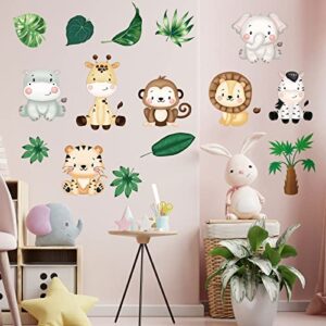 9 Sheets Baby Safari Animals Wall Stickers Jungle Animals Wall Decals Baby Wall Decor Elephant Zebra Giraffe Hippo Lion Leaf Nursery Decals Peel and Stick Wall Art Decals for Kids Room Nursery Decor