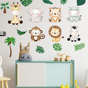 9 Sheets Baby Safari Animals Wall Stickers Jungle Animals Wall Decals Baby Wall Decor Elephant Zebra Giraffe Hippo Lion Leaf Nursery Decals Peel and Stick Wall Art Decals for Kids Room Nursery Decor