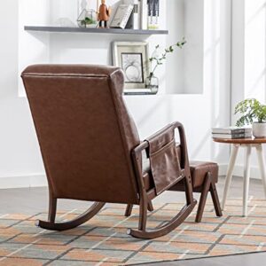 Kurhwyss Nursery Rocking Chair with Ottoman, Upholstered Rocker Chair with Arm Pocket, Modern Accent Glider Chair with Comfy High Back for Living Room Bedroom (Brown)