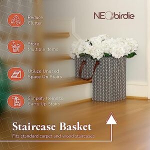 Stair Basket w/Chevron Pattern - Cotton Basket for Stairs w/Leather Handles - Staircase Basket & Storage Bins with Handles - Home Organizer - Convenient Stairs Basket Organizer - 16.1” x 10.2” x 15.7”