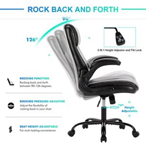 Office Chair, Executive Home Office Computer Desk Chair, Ergonomic Leather Chair for Lumbar Support and Comfort, Adjustable Height and Tilt, Swivel Rolling Task Chair for Work, Study, Game (Black)