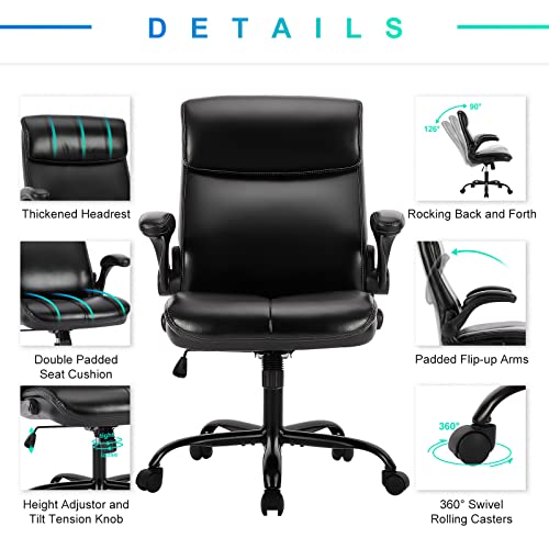 Office Chair, Executive Home Office Computer Desk Chair, Ergonomic Leather Chair for Lumbar Support and Comfort, Adjustable Height and Tilt, Swivel Rolling Task Chair for Work, Study, Game (Black)