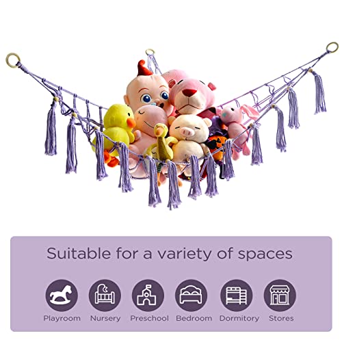 Purple Hammock with Wooden Beads and Fringe Toy Storage, Boho Room Decor, Bedroom Decor, Plush Toy Storage for Kids, Girls Bedroom Storage