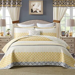 dduoxin floral quilts queen size - 100% cotton reversible queen quilt with 2 pillow shams, farmhouse striped bedspreads lightweight queen quilt bedding set, yellow gray, queen