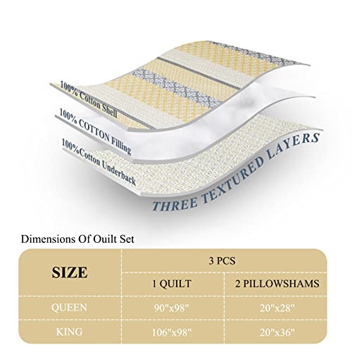 DDUOXIN Floral Quilts Queen Size - 100% Cotton Reversible Queen Quilt with 2 Pillow Shams, Farmhouse Striped Bedspreads Lightweight Queen Quilt Bedding Set, Yellow Gray, Queen