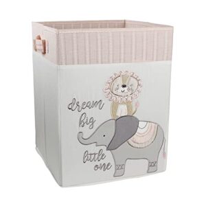 levtex baby - imani nursery hamper - rectangle fabric hamper - elepahnt and lion - grey, cream, taupe, pink - nursery accessories - size: 14 x 14 x 19in.