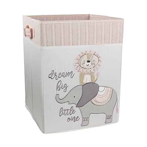 Levtex Baby - Imani Nursery Hamper - Rectangle Fabric Hamper - Elepahnt and Lion - Grey, Cream, Taupe, Pink - Nursery Accessories - Size: 14 x 14 x 19in.