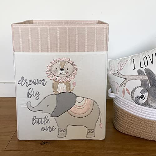 Levtex Baby - Imani Nursery Hamper - Rectangle Fabric Hamper - Elepahnt and Lion - Grey, Cream, Taupe, Pink - Nursery Accessories - Size: 14 x 14 x 19in.