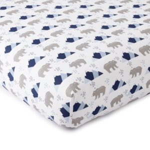 levtex baby - trail mix crib fitted sheet - fits standard crib and toddler mattress - tossed bears and moutains - blue, grey and white - nursery accessories - 100% cotton