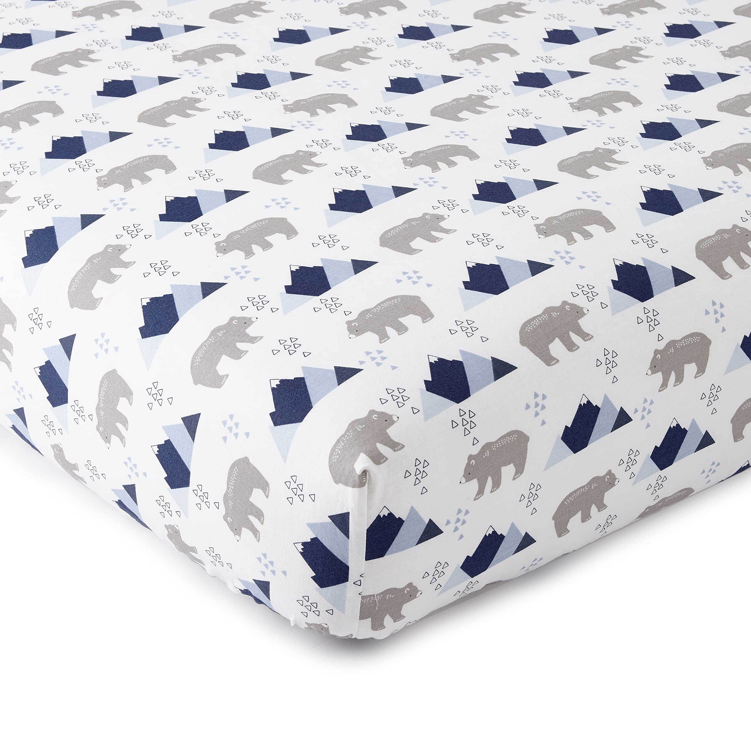 Levtex Baby - Trail Mix Crib Fitted Sheet - Fits Standard Crib and Toddler Mattress - Tossed Bears and Moutains - Blue, Grey and White - Nursery Accessories - 100% Cotton