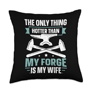forging anvil t-shirts & funny blacksmith gifts the only thing hotter than my forge is my wife blacksmith throw pillow, 18x18, multicolor
