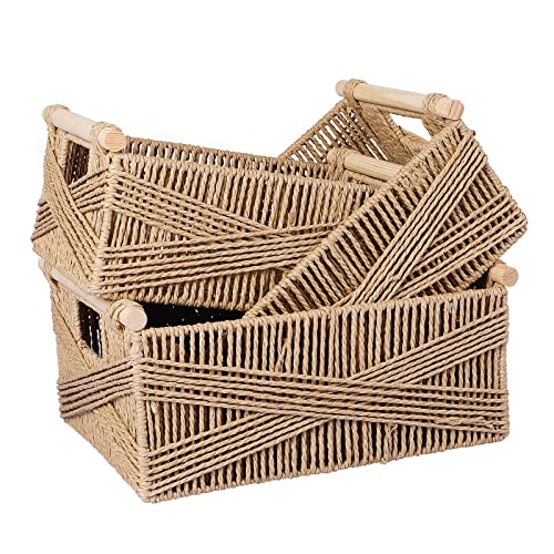 ANMINY 3 Pack Woven Storage Basket with Wood Handles Handmade Natural Paper Rope Decorative Boho Desk Wicker Storage Bins Box Set Nursery Baby Kid Large Meduim Small Shelf Organizer Container - Brown