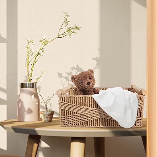 ANMINY 3 Pack Woven Storage Basket with Wood Handles Handmade Natural Paper Rope Decorative Boho Desk Wicker Storage Bins Box Set Nursery Baby Kid Large Meduim Small Shelf Organizer Container - Brown