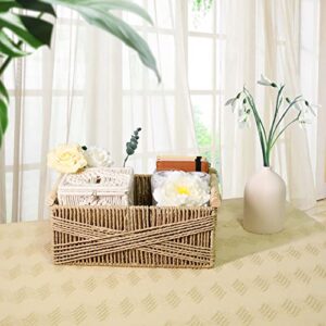 ANMINY 3 Pack Woven Storage Basket with Wood Handles Handmade Natural Paper Rope Decorative Boho Desk Wicker Storage Bins Box Set Nursery Baby Kid Large Meduim Small Shelf Organizer Container - Brown