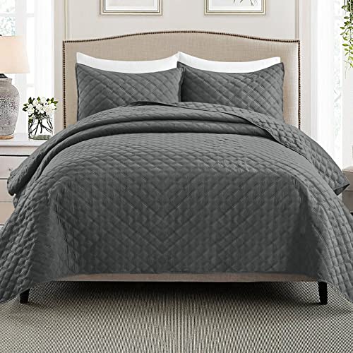 Exclusivo Mezcla 3-Piece Gray King Size Quilt Set, Box Pattern Ultrasonic Lightweight and Soft Quilts/Bedspreads/Coverlets/Bedding Set (1 Quilt, 2 Pillow Shams) for All Seasons