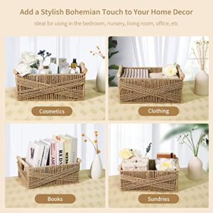 ANMINY 3 Pack Woven Storage Basket with Wood Handles Handmade Natural Paper Rope Decorative Boho Desk Wicker Storage Bins Box Set Nursery Baby Kid Large Meduim Small Shelf Organizer Container - Brown