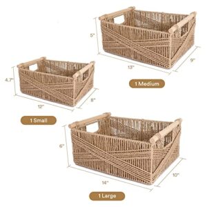 ANMINY 3 Pack Woven Storage Basket with Wood Handles Handmade Natural Paper Rope Decorative Boho Desk Wicker Storage Bins Box Set Nursery Baby Kid Large Meduim Small Shelf Organizer Container - Brown