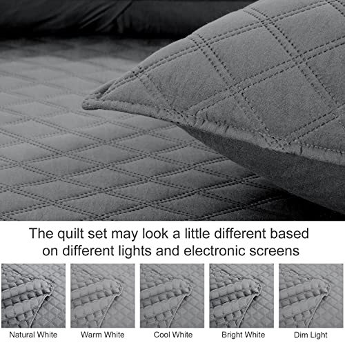 Exclusivo Mezcla 3-Piece Gray King Size Quilt Set, Box Pattern Ultrasonic Lightweight and Soft Quilts/Bedspreads/Coverlets/Bedding Set (1 Quilt, 2 Pillow Shams) for All Seasons