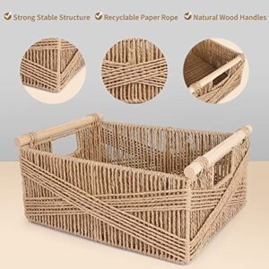 ANMINY 3 Pack Woven Storage Basket with Wood Handles Handmade Natural Paper Rope Decorative Boho Desk Wicker Storage Bins Box Set Nursery Baby Kid Large Meduim Small Shelf Organizer Container - Brown