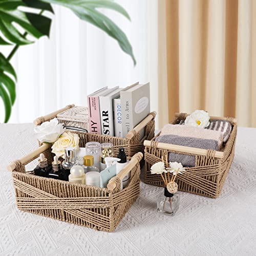 ANMINY 3 Pack Woven Storage Basket with Wood Handles Handmade Natural Paper Rope Decorative Boho Desk Wicker Storage Bins Box Set Nursery Baby Kid Large Meduim Small Shelf Organizer Container - Brown