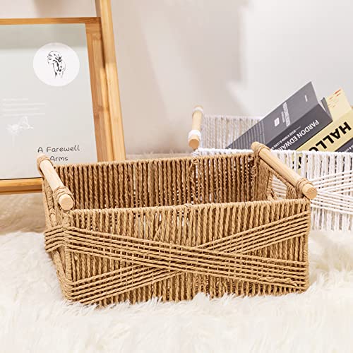 ANMINY 3 Pack Woven Storage Basket with Wood Handles Handmade Natural Paper Rope Decorative Boho Desk Wicker Storage Bins Box Set Nursery Baby Kid Large Meduim Small Shelf Organizer Container - Brown