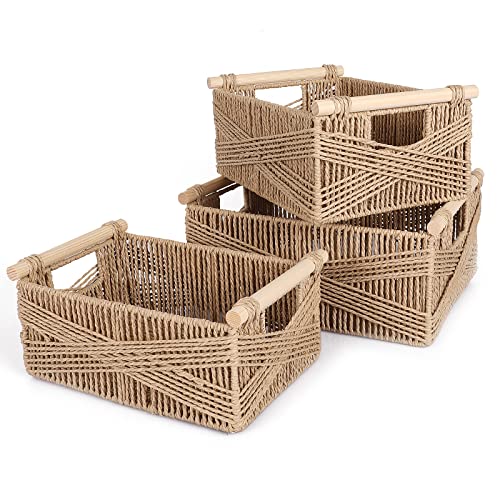 ANMINY 3 Pack Woven Storage Basket with Wood Handles Handmade Natural Paper Rope Decorative Boho Desk Wicker Storage Bins Box Set Nursery Baby Kid Large Meduim Small Shelf Organizer Container - Brown