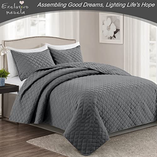 Exclusivo Mezcla 3-Piece Gray King Size Quilt Set, Box Pattern Ultrasonic Lightweight and Soft Quilts/Bedspreads/Coverlets/Bedding Set (1 Quilt, 2 Pillow Shams) for All Seasons