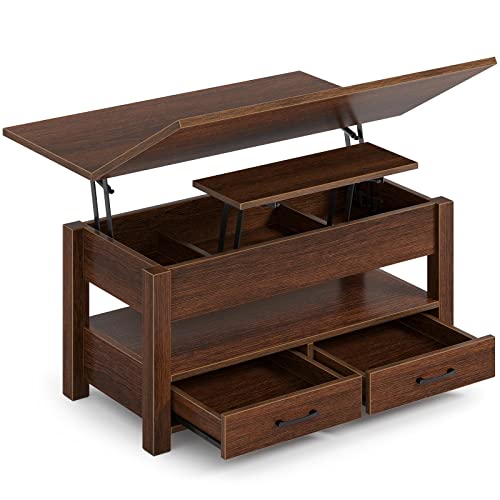 Rolanstar Coffee Table Lift Top, Multi-Function Convertible Coffee Table with Drawers and Hidden Compartment, Coffee Table Converts to Dining Table for Living Room, Home Office,Espresso