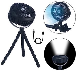 ayl portable fan battery operated, small stroller fan with lights usb rechargeable 360° rotate flexible tripod clip on fan, handheld cooling mini fan for travel, car seat, camping, and bedroom (black)