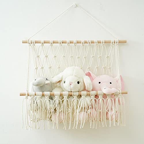 Nursery Toy Macrame Shelves Organizers - Hanging Stuffed Animal Storage - Corner Net For Stuffed Animals for Wall - Plush Doll Display and Toy Organizer - Boho Nursery Decor and Playroom Storage