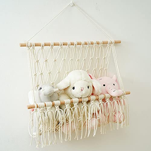 Nursery Toy Macrame Shelves Organizers - Hanging Stuffed Animal Storage - Corner Net For Stuffed Animals for Wall - Plush Doll Display and Toy Organizer - Boho Nursery Decor and Playroom Storage