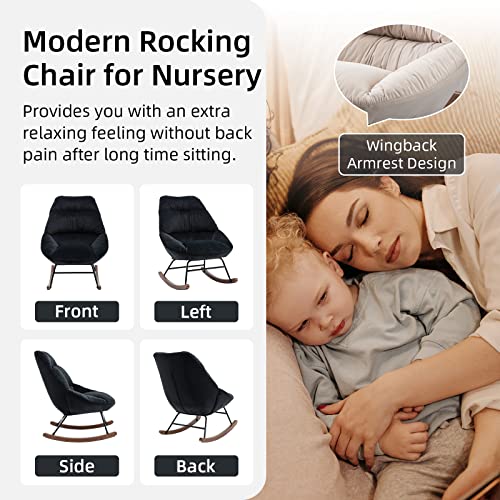 NIOIIKIT Nursery Rocking Chairs, Accent Rocking Chair with Solid Metal Legs, Upholstered Velvet Glider Rockers with High Backrests for Mom, Gifts, Living Room, Bedroom (Black Velvet)